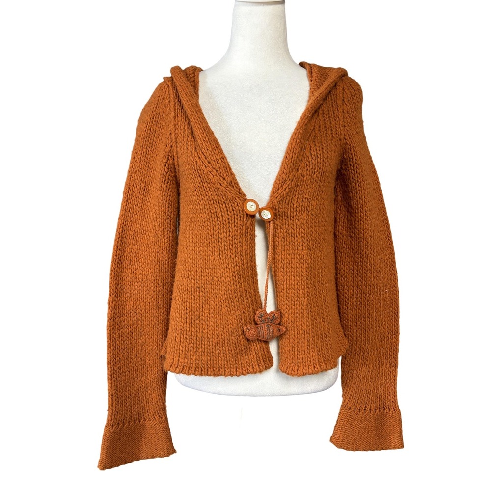 Sleeping On Snow Sweater Womens Medium Orange Wool Blend Hooded Cardigan‎ Bird